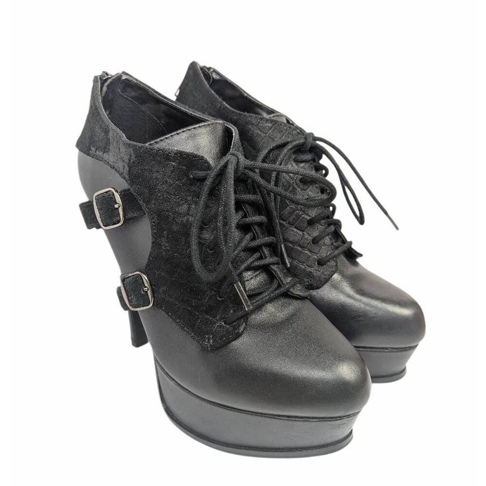 Y2K Bakers GENAA black leather lace up oxford platform booties womens 7 - Picture 2 of 8